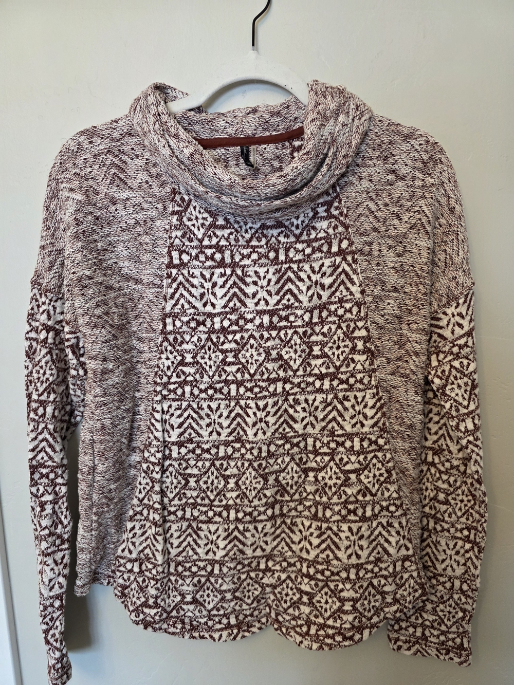 Marled Burgundy Cowl Neck Sweater with Patterned Panel